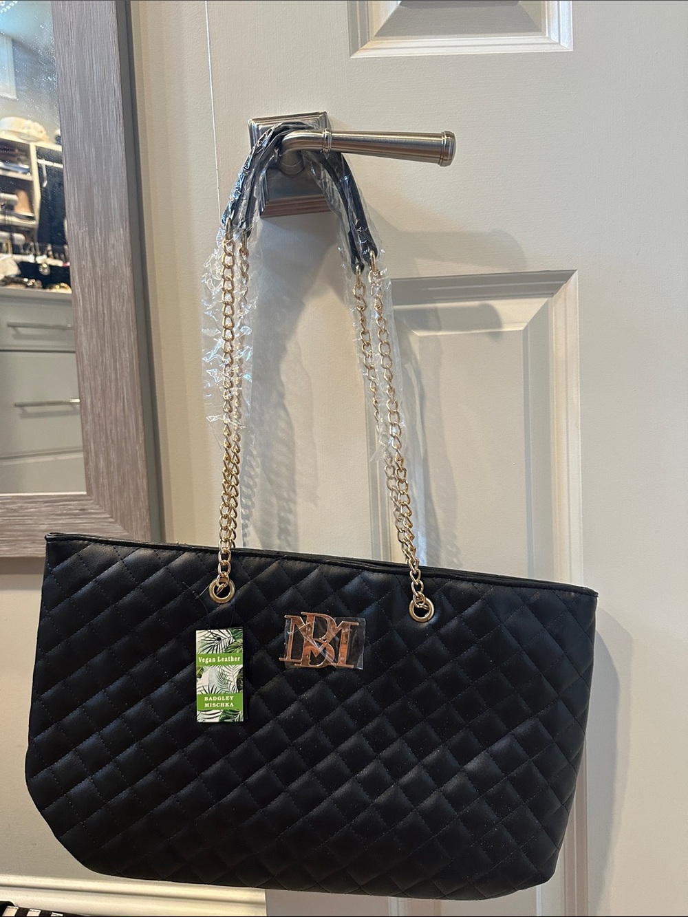 Badgley Mischka Black Quilted Tote with Gold Chain Handles